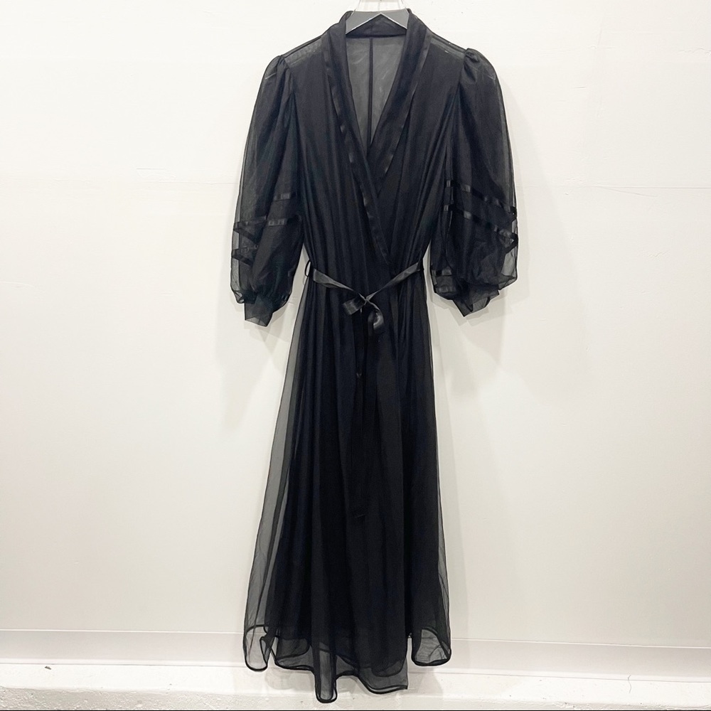 Vintage Black Sheer Romantic Robe Lingerie Tie-Waist Puff Sleeve One Size Long